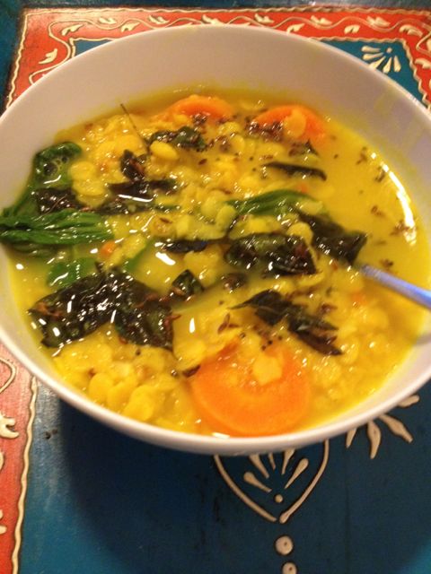 Trishodic dahl, with greens and carrots. Full of vit B12!